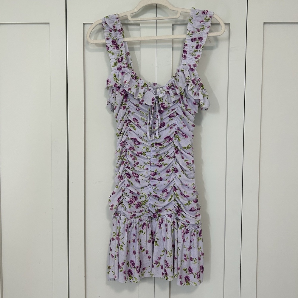 Anthropologie Dress Womens Medium Square Neck Ruched Chiffon Purple Ditsy Floral